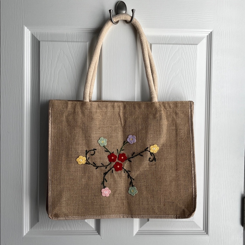 New Floral Embroidered Tan Tote Bag